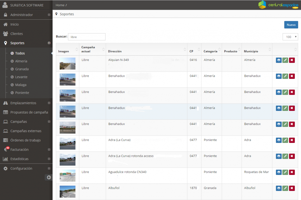 interfaz de central espacios